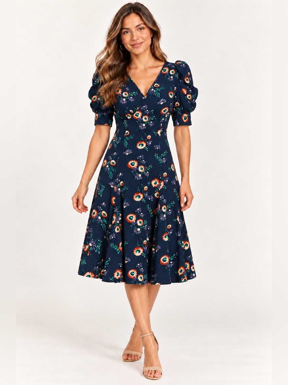 Polo Ralph Lauren Teo Dahlia Floral Crepe Midi Dress Navy Blue Sz 14 Puff Sleeve